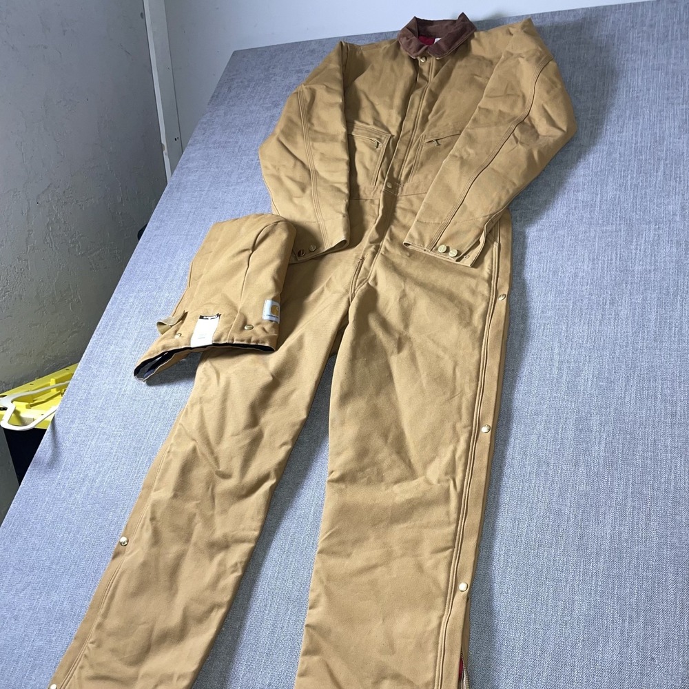 Carhartt Duck Quilt-Lined Coveralls Mens 40 Tan Workwear Wide Leg Ankle Zip